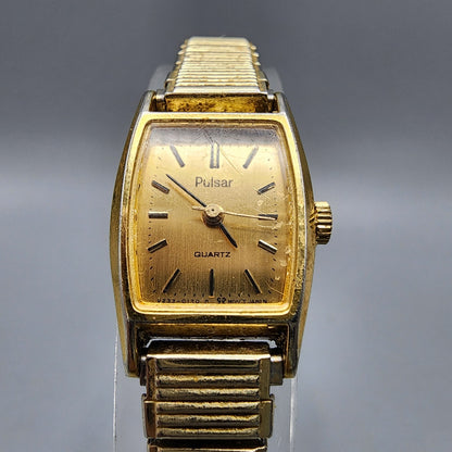 VTG Pulsar Watch Women Gold Tone Rectangle 16mm V233-5100 Stretch Band New Batt