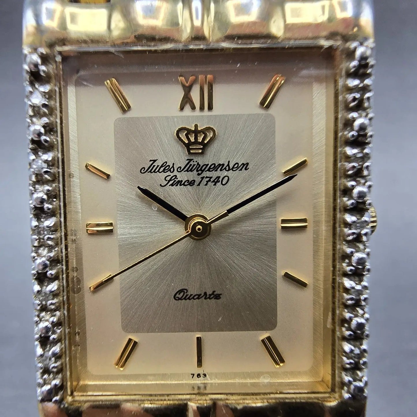 Jules Jurgenson Tank Watch Men 24mm Champagne Dial Gold Tone Rectangle New Batt1