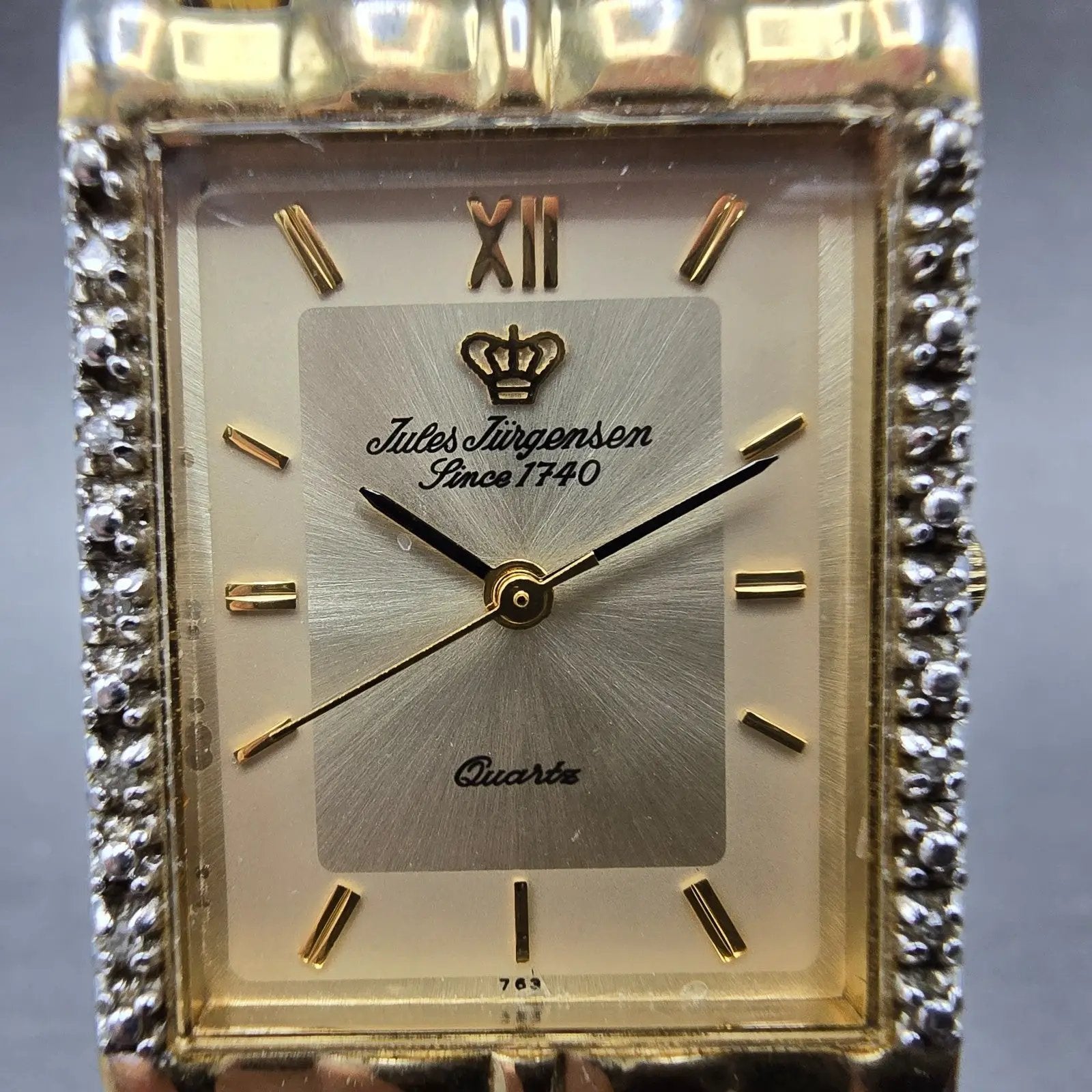 Jules Jurgenson Tank Watch Men 24mm Champagne Dial Gold Tone Rectangle New Batt1