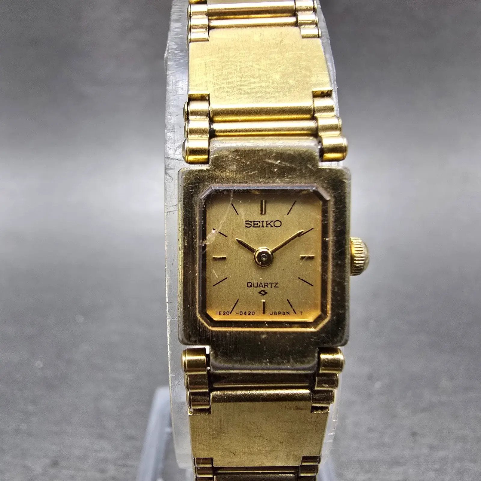 Seiko Watch Women 13mm Champagne Dial Gold Tone Square 1E20-5200 New Battery VTG0