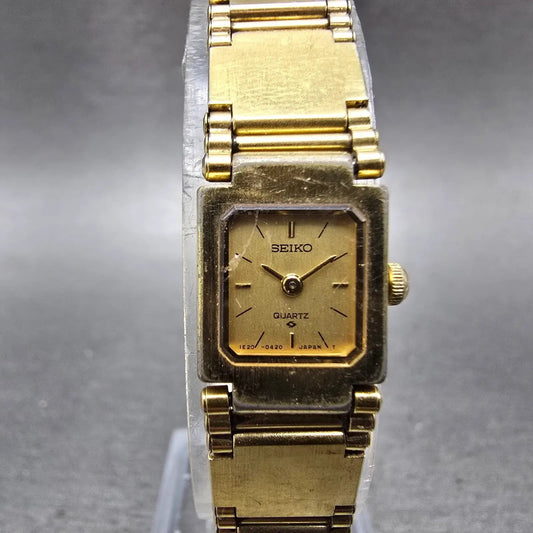 Seiko Watch Women 13mm Champagne Dial Gold Tone Square 1E20-5200 New Battery VTG0