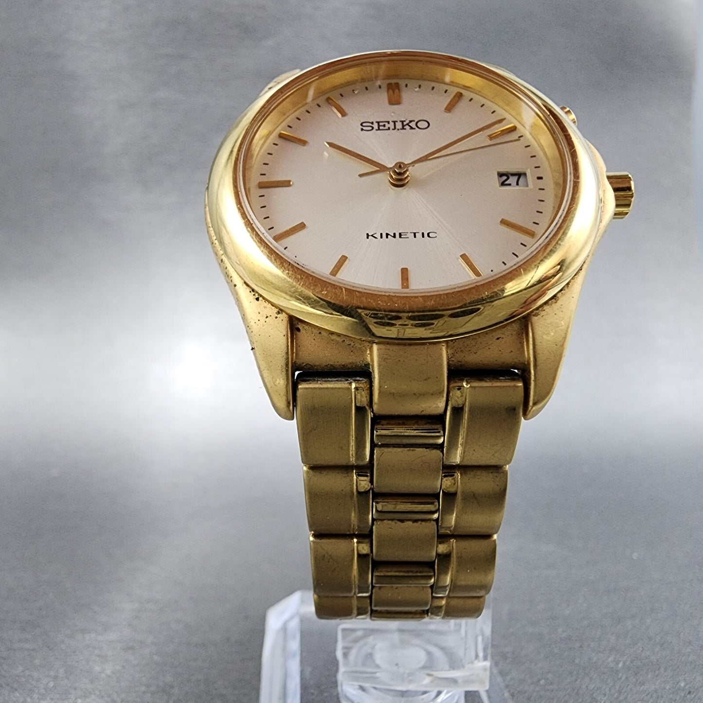 Seiko Kinetic Watch Men 38mm White Dial Gold Tone Date Round 5M420K69 PARTS6