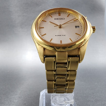 Seiko Kinetic Watch Men 38mm White Dial Gold Tone Date Round 5M420K69 PARTS6