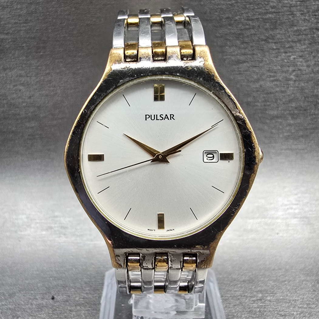 Seiko Pulsar Watch Men 35mm Silver Dial Two Tone Date Round V732-X090 New Batt0