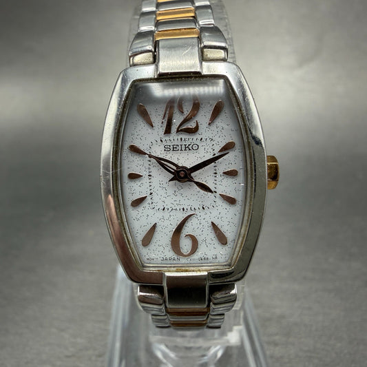 Seiko Solar Tank Watch Women 18mm White Dial Two Tone Rectangle Lukia Runs FD30