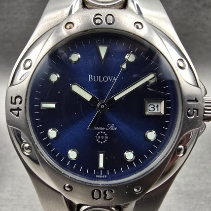 Bulova Marine Star Watch Men 38mm Blue Dial Silver Tone Date Round 96B49 New Bat1