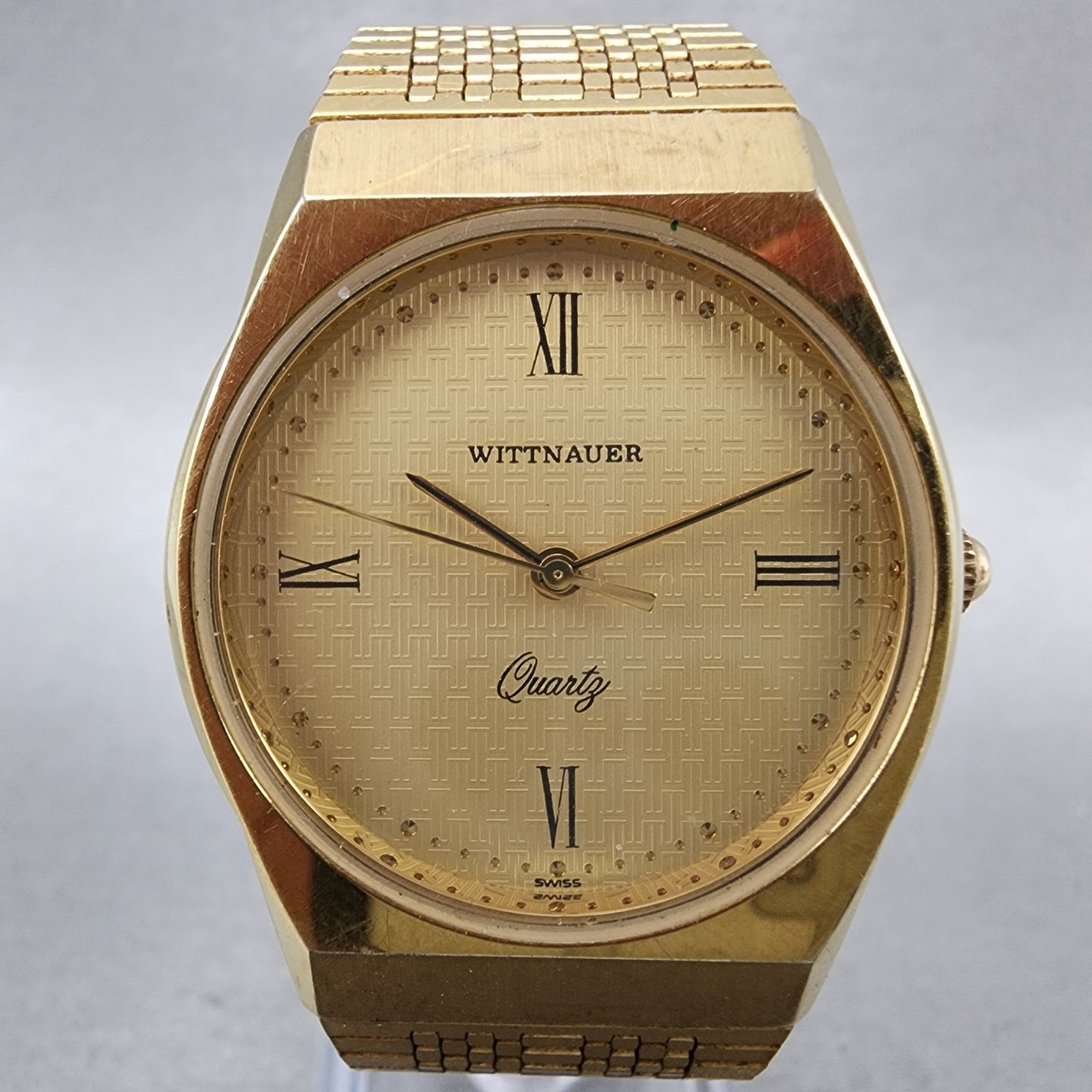 Wittnauer Watch Men 32mm Gold Dial Gold Tone Round Bracelet New Battery2