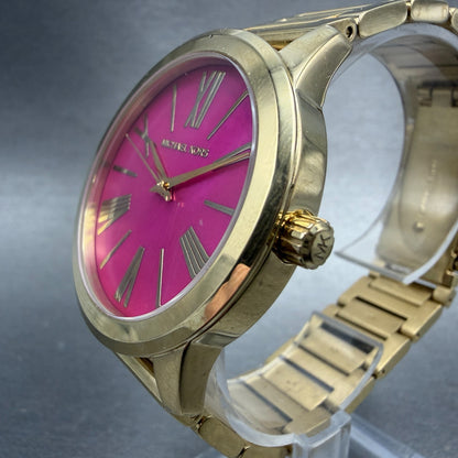 Michael Kors Hartman Watch Women 38mm Pink Dial Gold Tone Round MK-3520 New Batt2