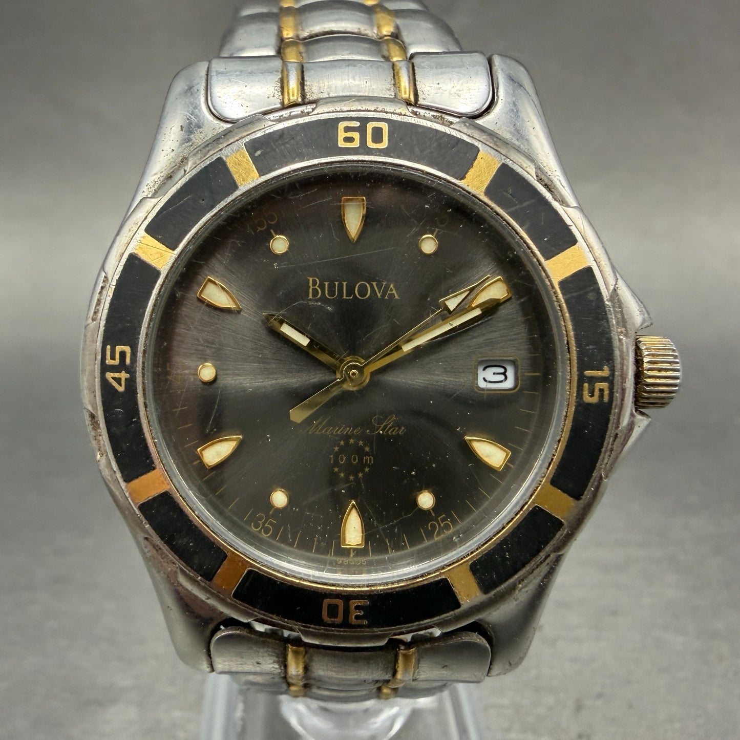 Bulova Marine Star Watch Men 37mm Black Dial Two Tone Date 98G05 New Battery0
