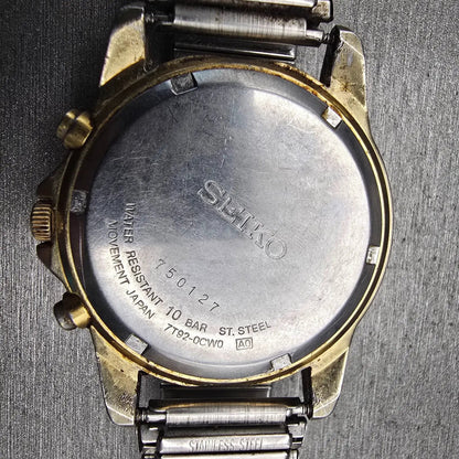 Seiko Chronograph Watch Men 38mm Black Dial Gold Tone Date 7T92-0CW0 New Battery10