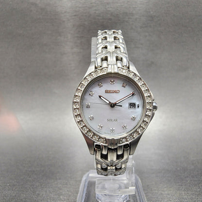 Seiko Solar Watch Women 27mm MOP Dial Steel Date Round Crystal Bezel Runs5