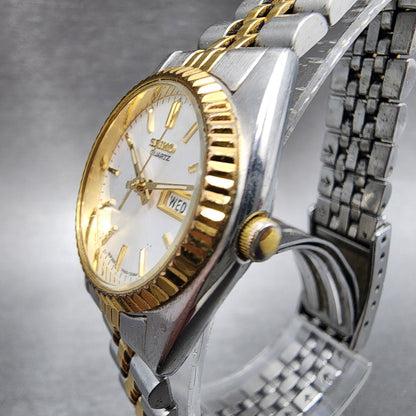 Seiko Watch Women 24mm White Dial Two Tone Daydate Round 7N830041 New Batt B1232