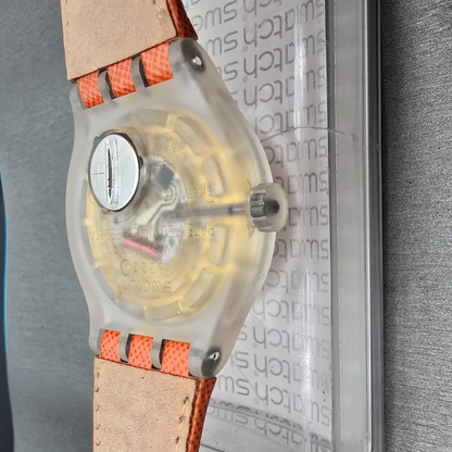 Swatch Squeezed Pumpkin Watch Men 44mm Orange Dial Clear Case SUDK102 New Batt10
