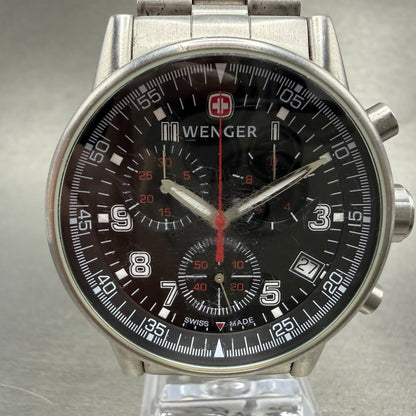 Wenger Chronograph Watch Men 42mm Black Dial Silver Tone Date 7089X New Battery0