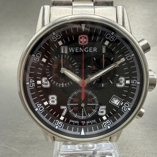 Wenger Chronograph Watch Men 42mm Black Dial Silver Tone Date 7089X New Battery0