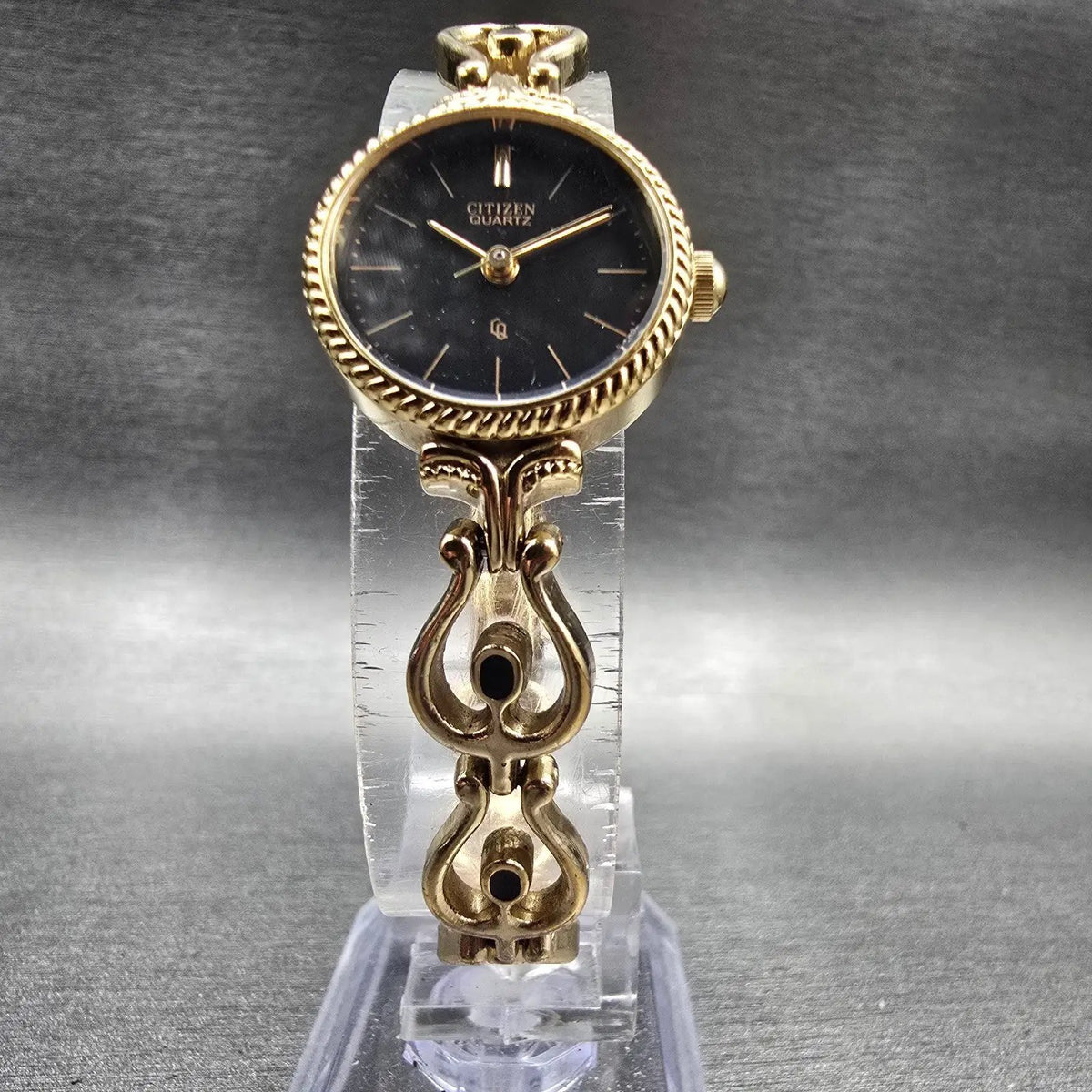 Citizen CQ Watch Women 20mm Black Dial Gold Tone Round 4-102797 New Battery VTG5