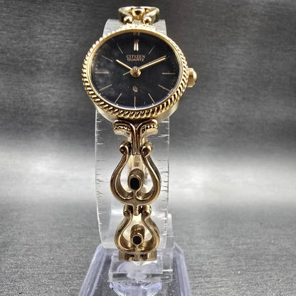 Citizen CQ Watch Women 20mm Black Dial Gold Tone Round 4-102797 New Battery VTG5