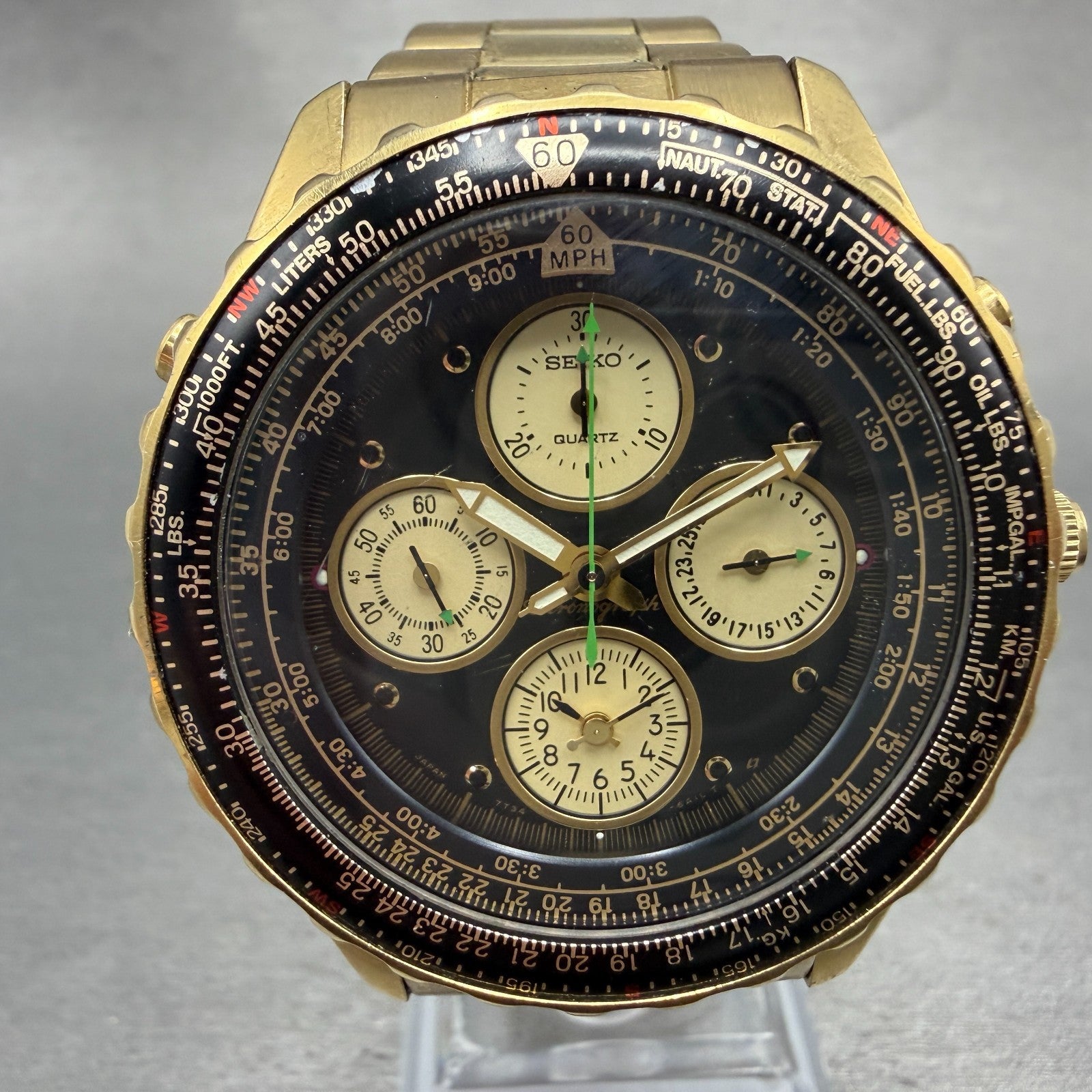 Seiko Flightmaster Chronograph Watch Men 42mm Black Dial Gold Tone Date New Bat20