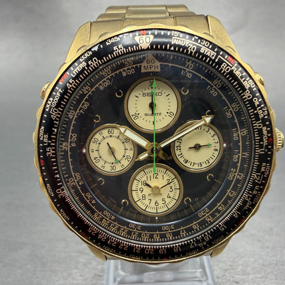 Seiko Flightmaster Chronograph Watch Men 42mm Black Dial Gold Tone Date New Bat20