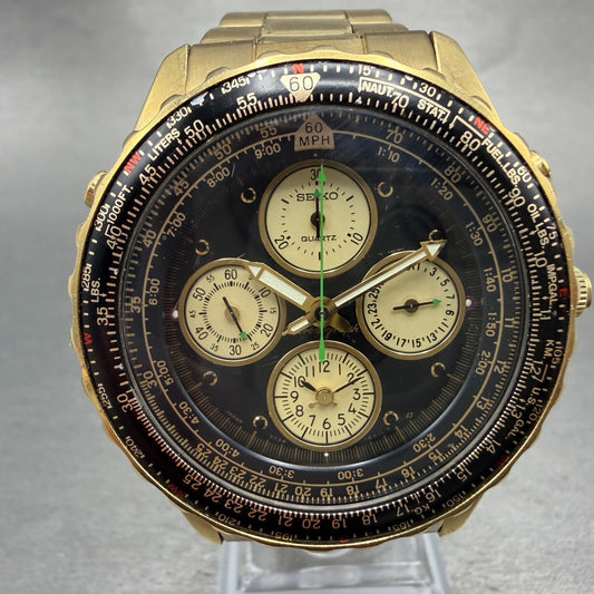 Seiko Flightmaster Chronograph Watch Men 42mm Black Dial Gold Tone Date New Bat20