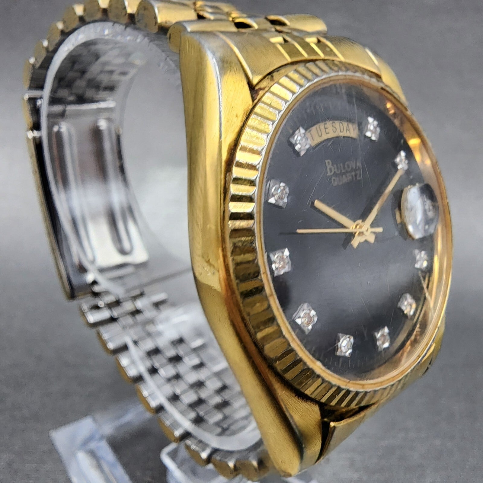Bulova President Watch Men 36mm Black Dial Gold Tone Daydate 97D39 New Battery3