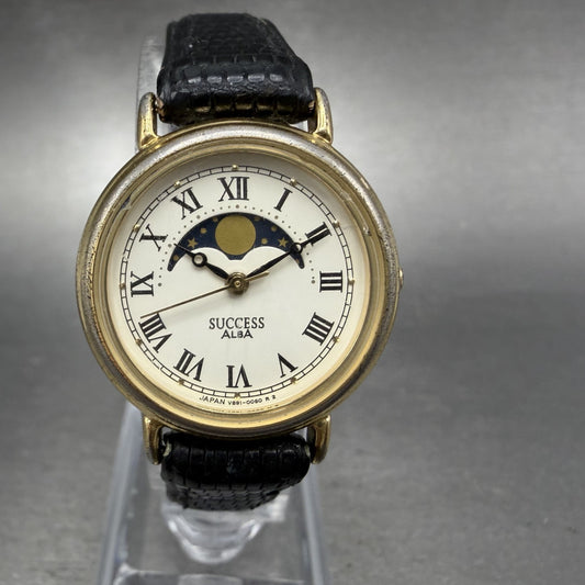 Seiko Alba Success Moon Phase Watch Women 25mm White Dial Gold Tone New Battery0