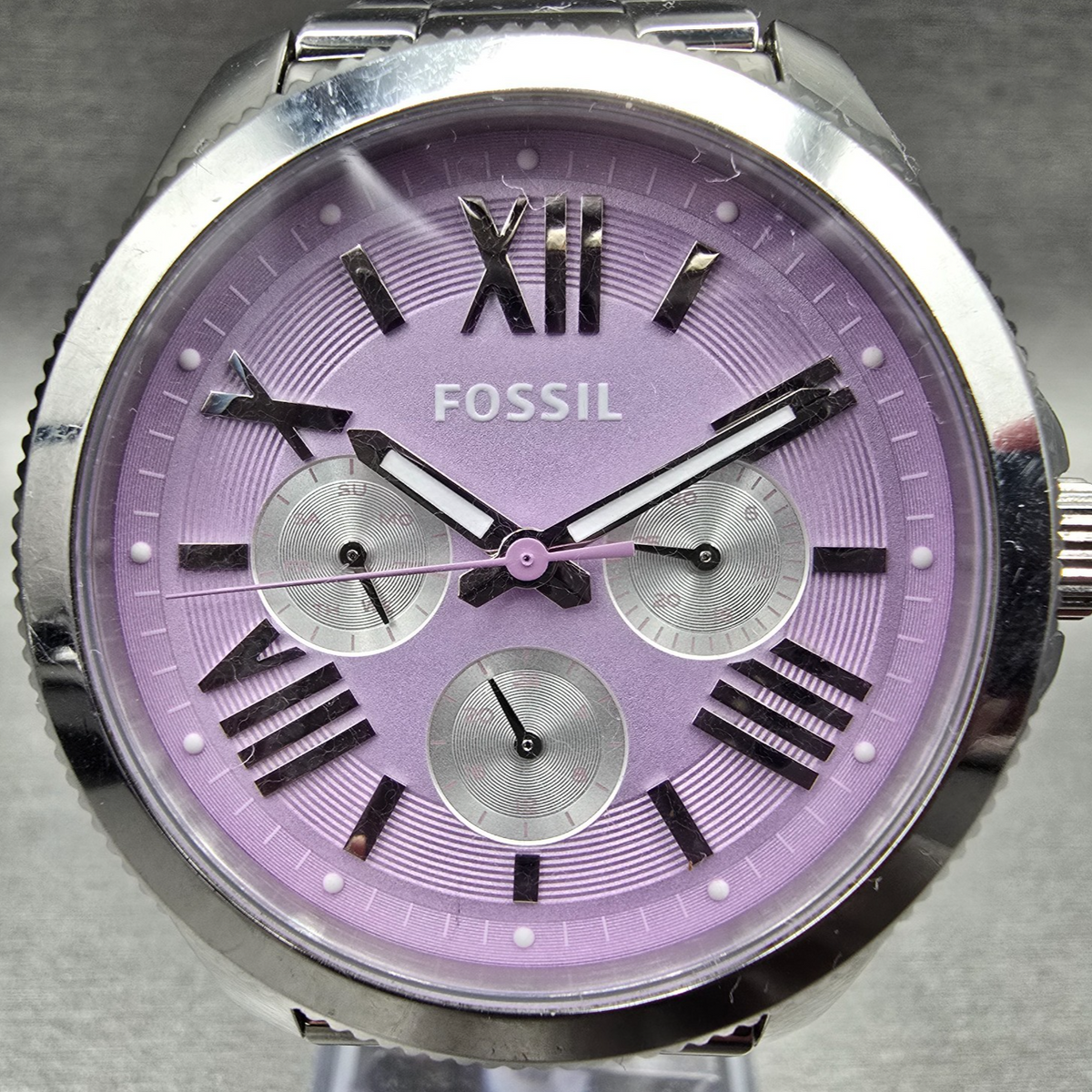 Fossil Cecile Watch Women 40mm Purple Dial Silver Tone Daydate AM4555 New Batt1
