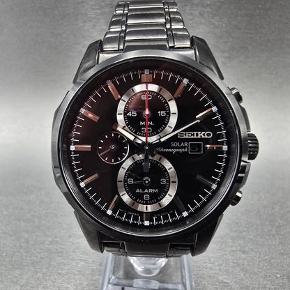 Seiko Chronograph Watch Men 44mm Black Dial Black Date Solar Alarm Works SSC0950