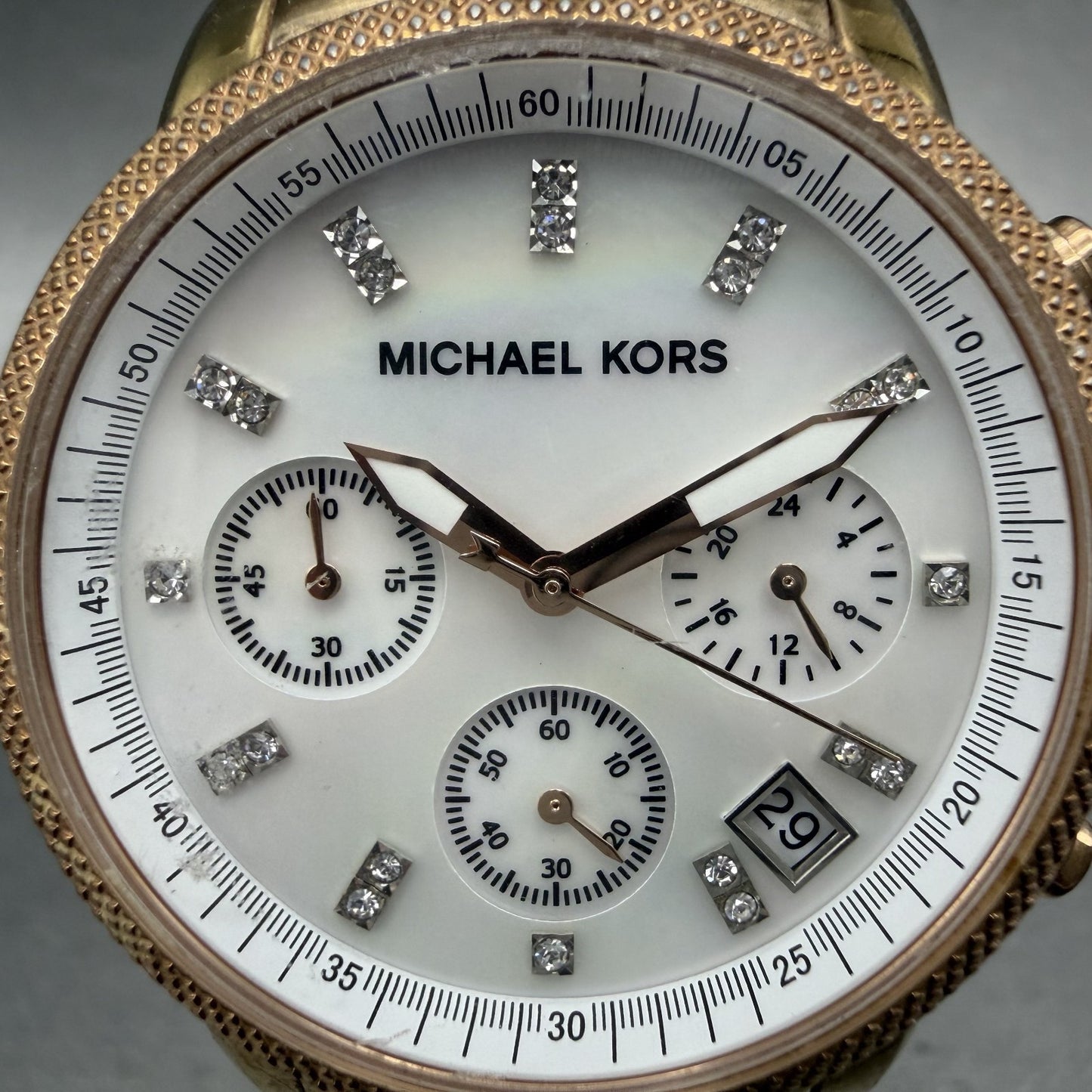 Michael Kors Ritz Chronograph Watch Women 37mm MOP Dial Rose Gold New Battery1