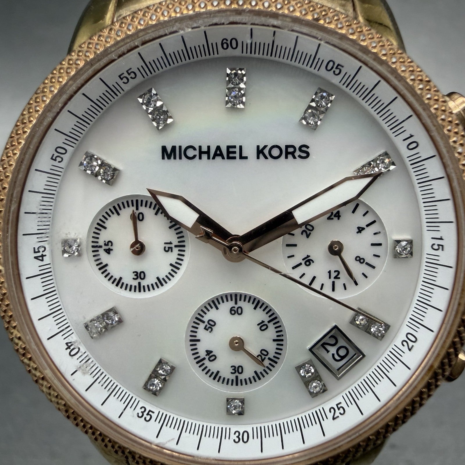 Michael Kors Ritz Chronograph Watch Women 37mm MOP Dial Rose Gold New Battery1