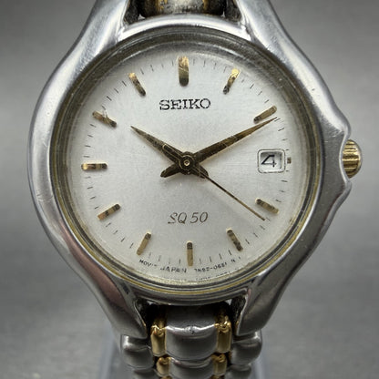 Seiko SQ 50 Watch Women 25mm White Dial Two Tone Date 7N82-0301 New Battery LK d1