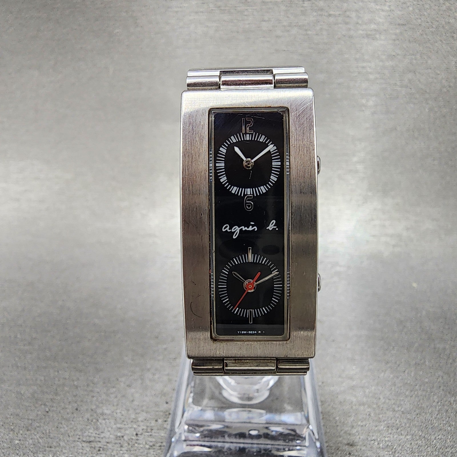 Anges B Dual Time Watch Women 19mm Black Dial Steel Rectangle New Battery0