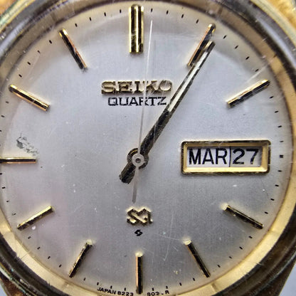 Seiko SQ Watch Men 35mm Silver Dial Gold Tone Daydate Round 8223-8029 PARTS VTG92