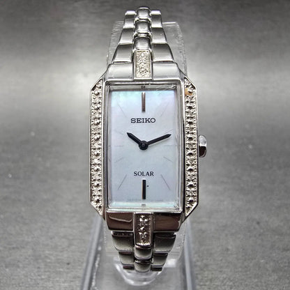 Seiko Solar Watch Women 17mm MOP Dial Steel Rectangle Crystals V116-0AF0 Works0