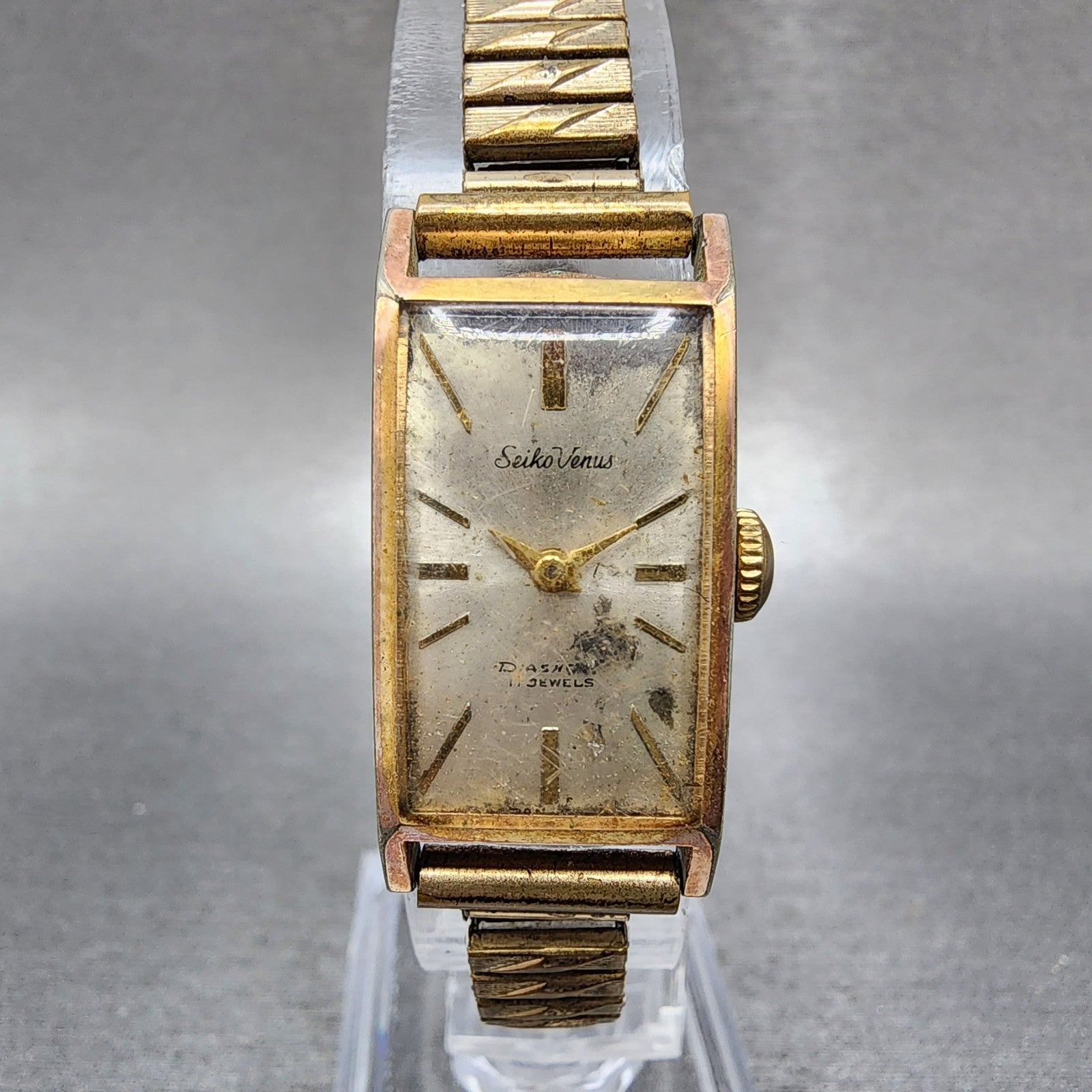 Seiko Venus Tank Watch Women 16mm Silver Dial Gold Plated Manual Runs0