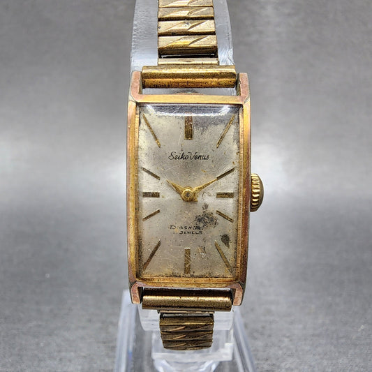 Seiko Venus Tank Watch Women 16mm Silver Dial Gold Plated Manual Runs0