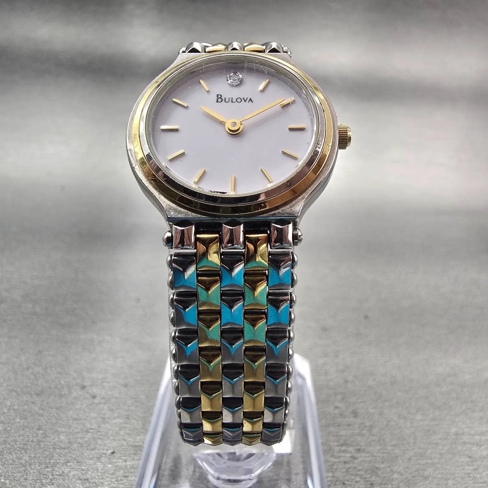 Bulova Watch Women 24mm White Dial Two Tone Diamond Accent Round 98P04 New Batt5