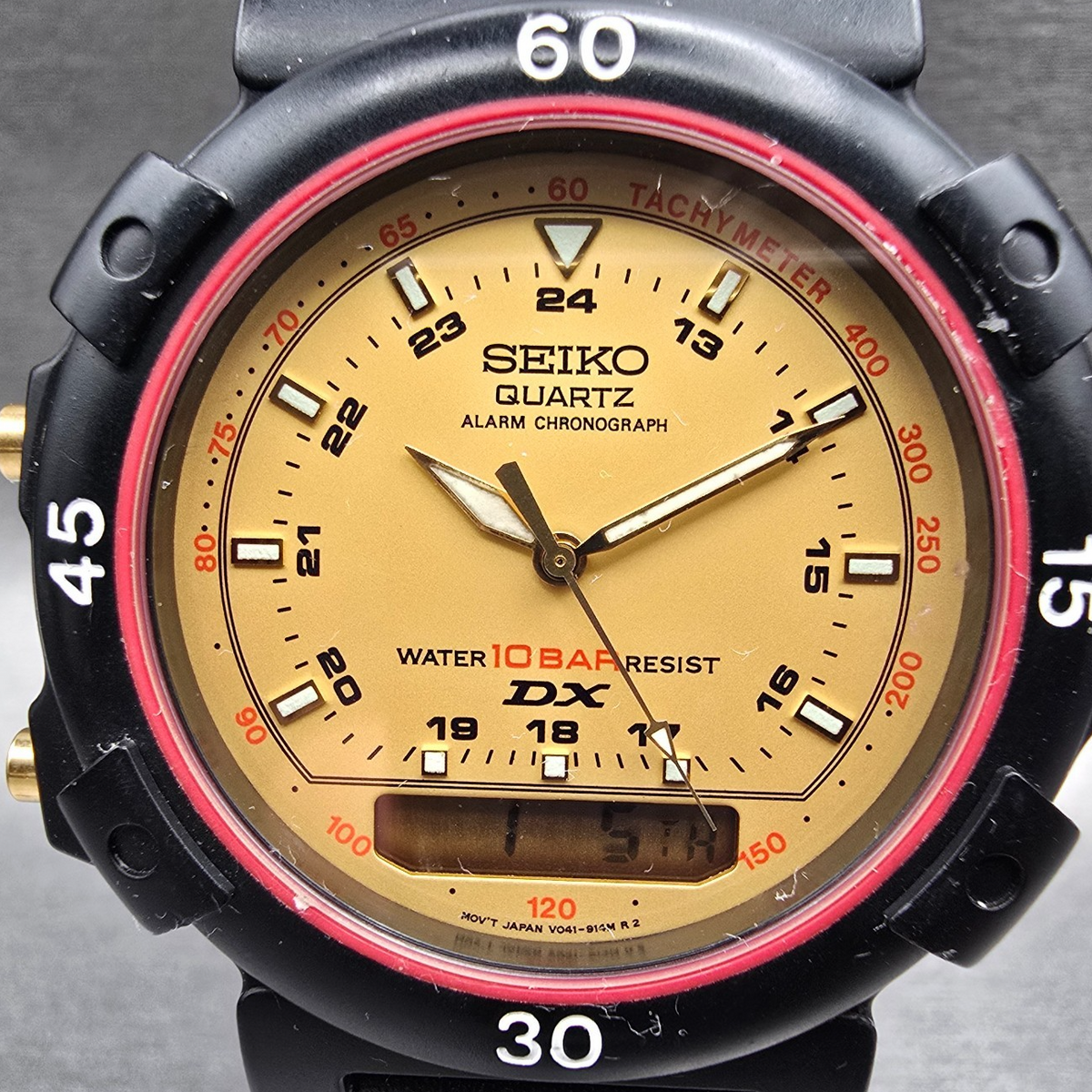 Seiko DX Watch Men 40mm Gold Dial Black Chronograph Alarm V041-9191 New Battery1