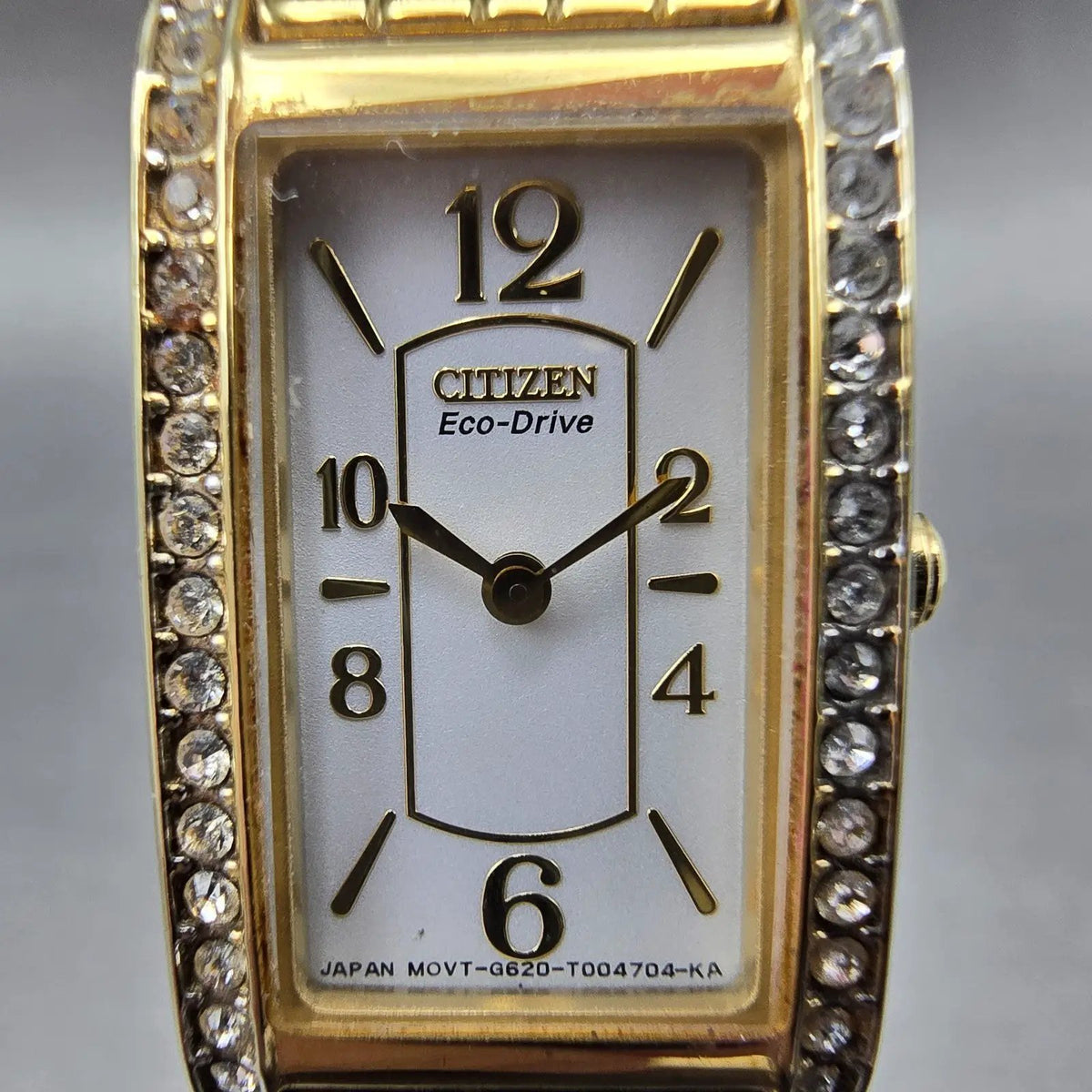 Citizen Eco-Drive Tank Watch Women 14mm White Dial Gold Crystal Bezel Works1