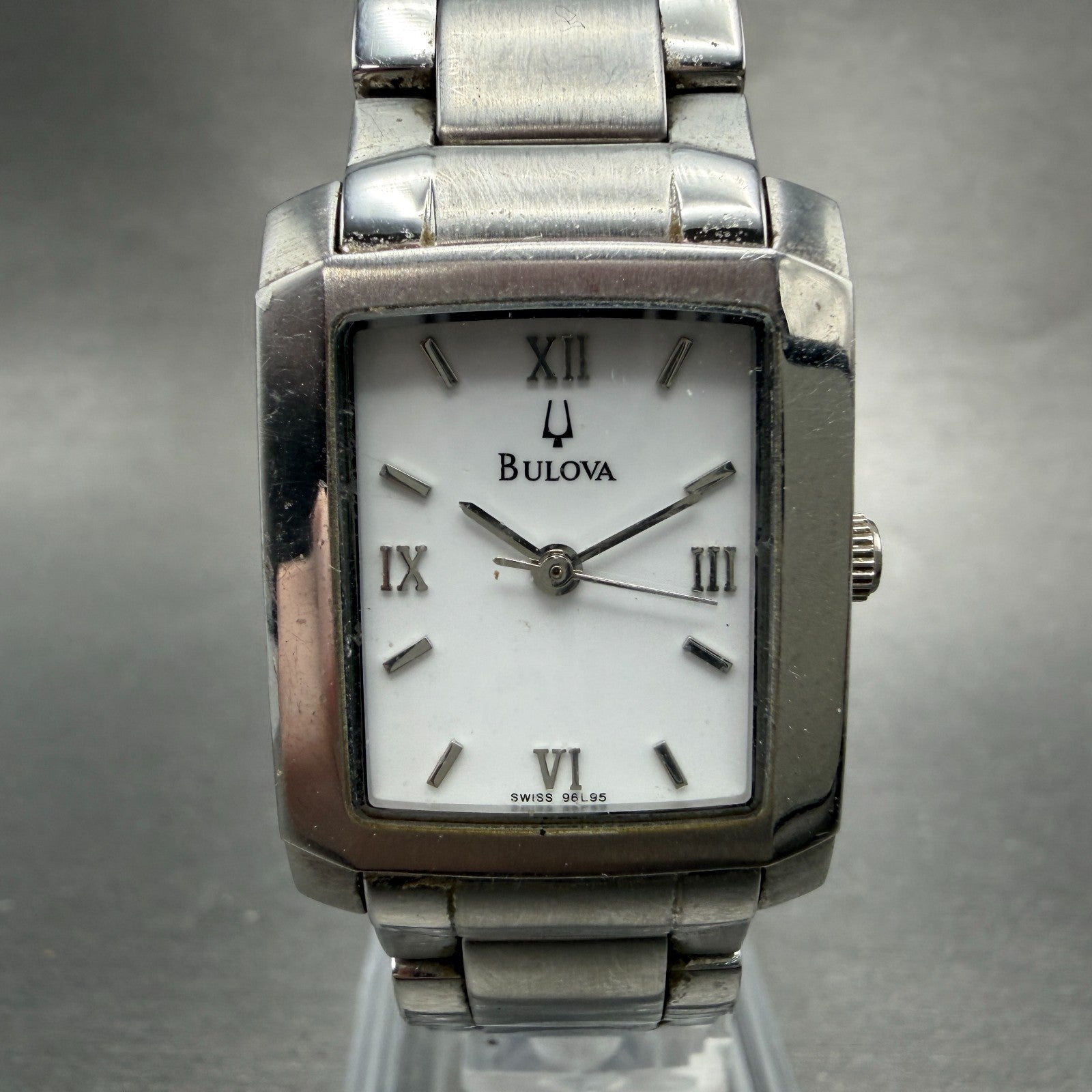 Bulova Tank Watch Women 22mm White Dial Silver Tone Rectangle 96L95 New Battery0