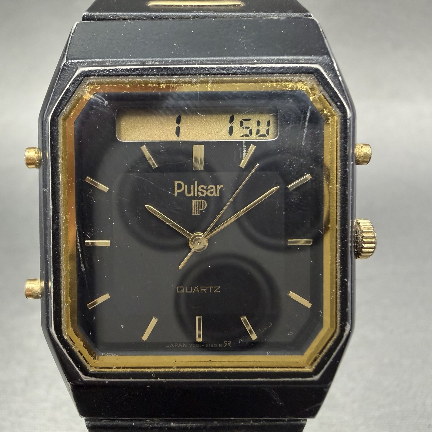 Pulsar Analog Digital Watch Men 30mm Black Dial Black Gold Chrono READ!!! V0311
