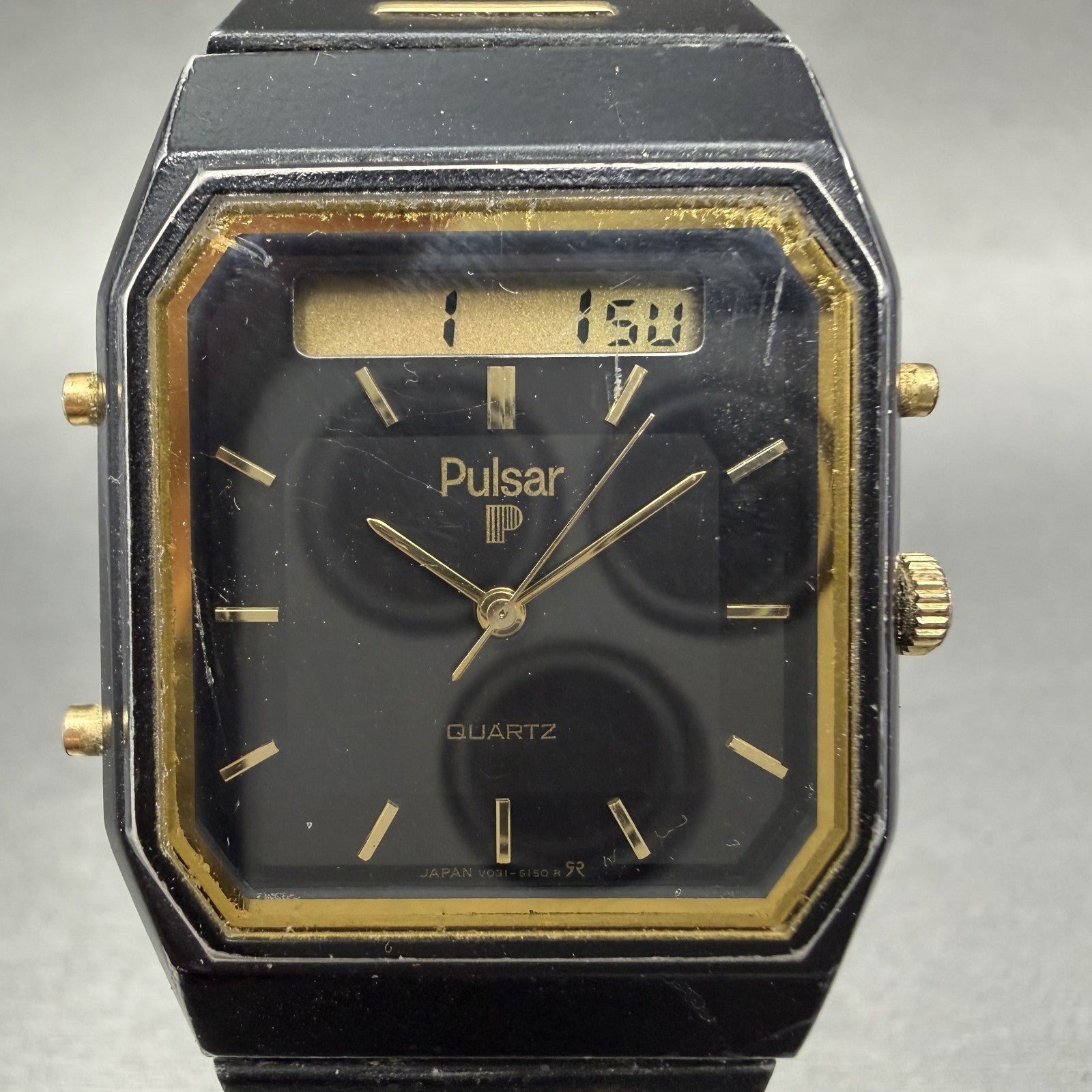 Pulsar Analog Digital Watch Men 30mm Black Dial Black Gold Chrono READ!!! V0311