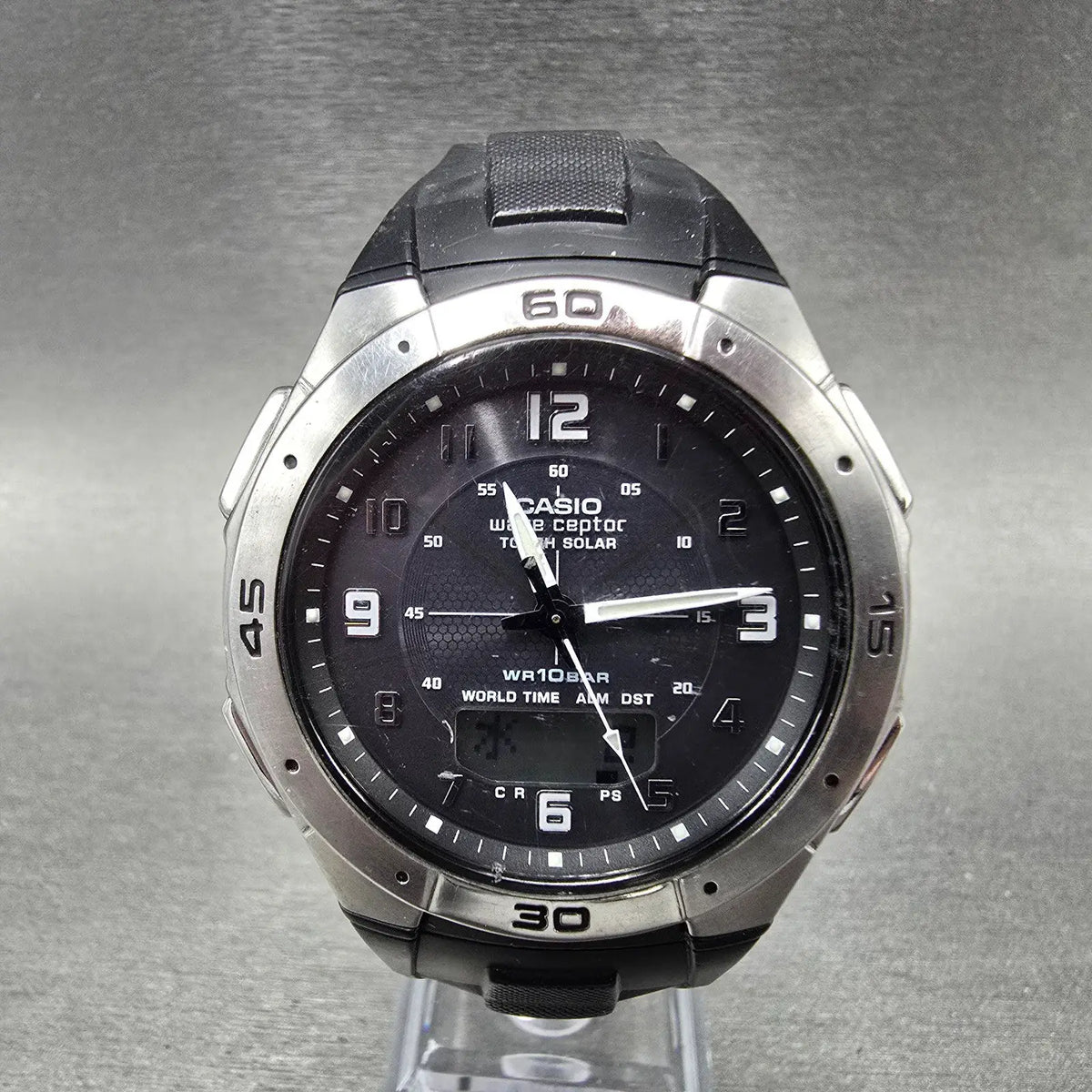 Casio WVA-470 Watch Men 42mm Black Silver Wave Ceptor Alarm Chronograph Round 670