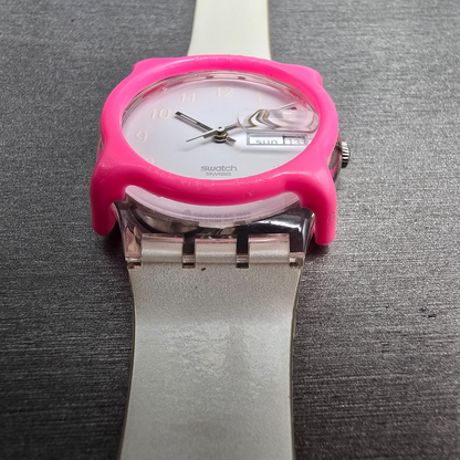 Swatch Snowcovered Watch Men 34mm White Dial Clear Case Daydate GK733 New Batt6