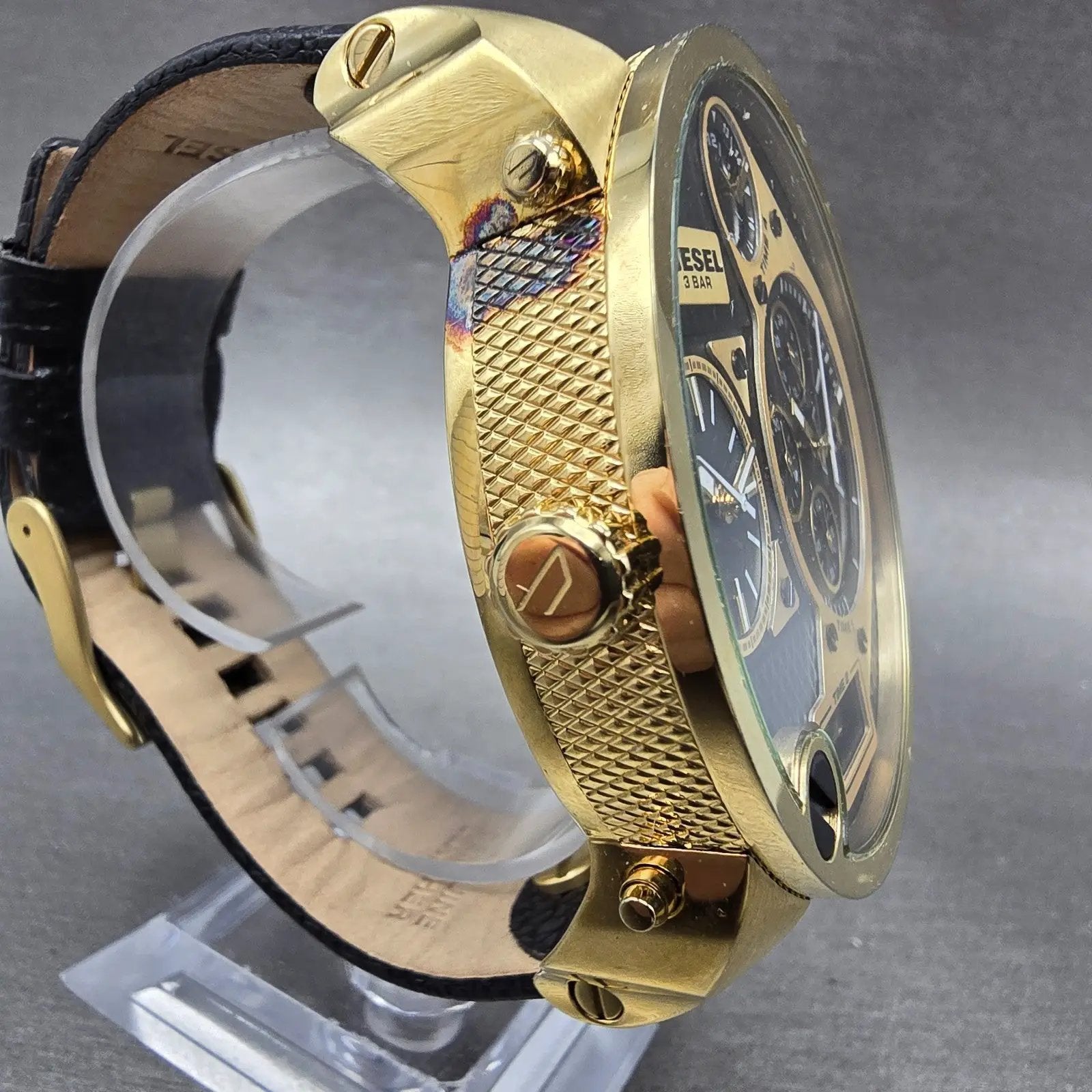 Diesel Mr. Daddy Watch Men 52mm Black Dial Gold Chronograph Digital New Battery3