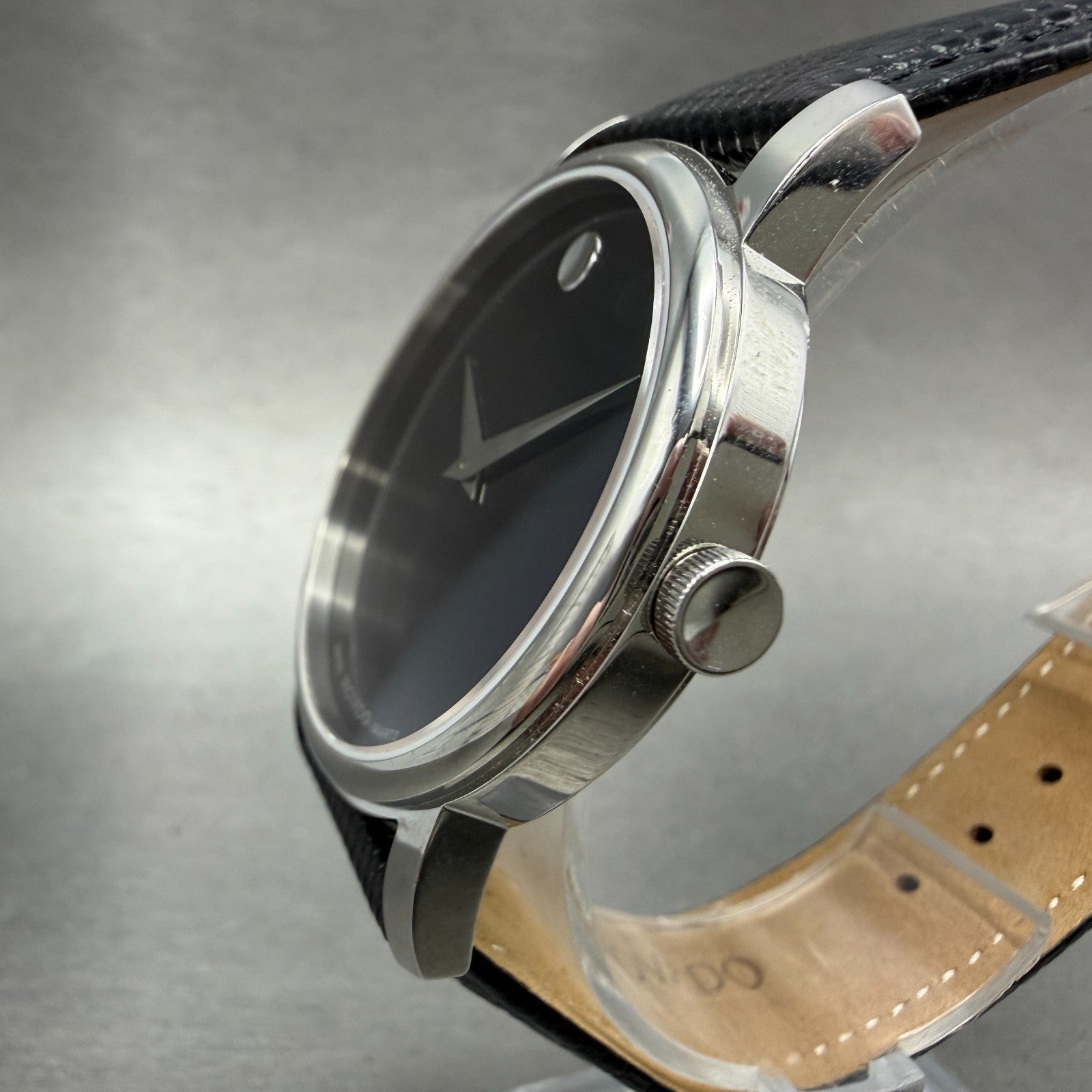 Movado Museum Watch Men 39mm Black Dial Steel Round Leather 2100002 New Battery22