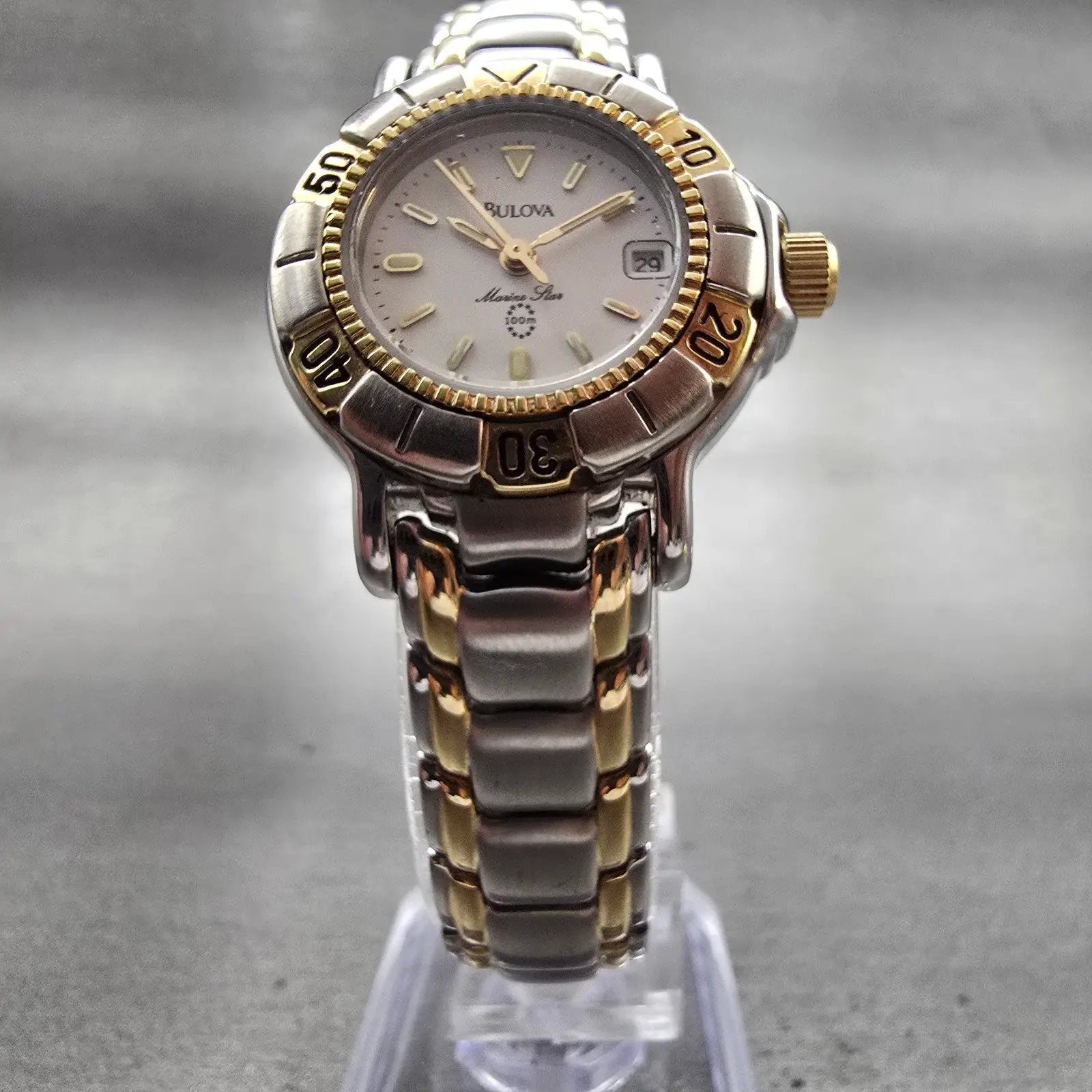 Bulova Marine Star Watch Women 27mm White Dial Two Tone Date Round 96M38 New Bat5