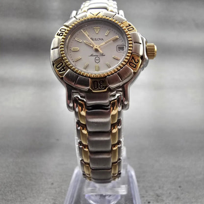Bulova Marine Star Watch Women 27mm White Dial Two Tone Date Round 96M38 New Bat5