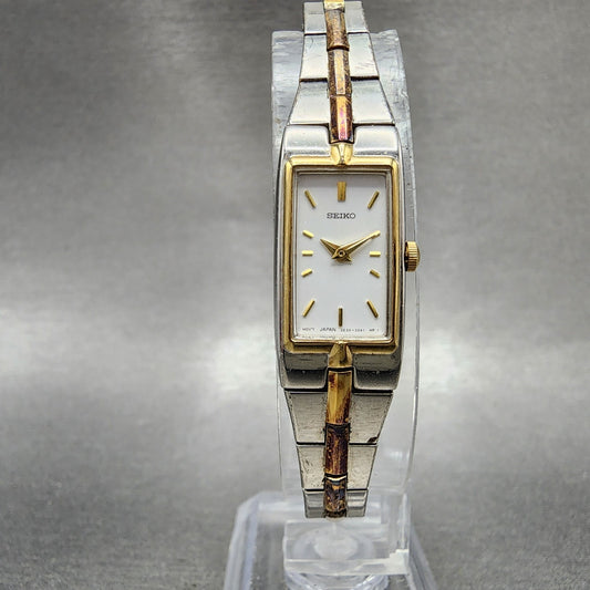 Seiko Tank Watch Women 13mm White Dial two Tone Rectangle 2E200AY0 New Battery0