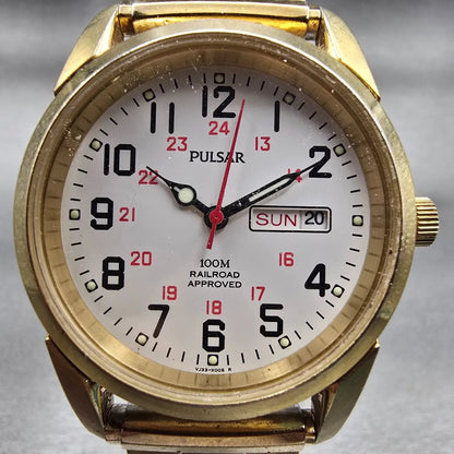Pulsar Railroad Approved Watch Men 37mm White Dial Gold Tone Daydate New Battery1